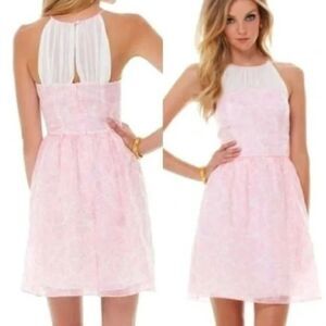 LILLY PULITZER KAILEY PINK & WHITE FLORAL CHIFFON HALTER DRESS SIZE 2 ROSY POSIE